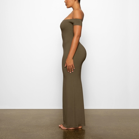 1. NWT SKIMS SOFT LOUNGE OFF THE SHOULDER DRESS IN ARMY - Picture 3 of 9